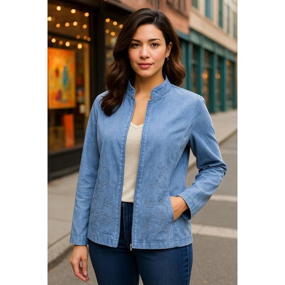Alfred Dunner Sz 14 Floral Embroidered Classic Layering Essential Zip Jacket - Picture 1 of 14